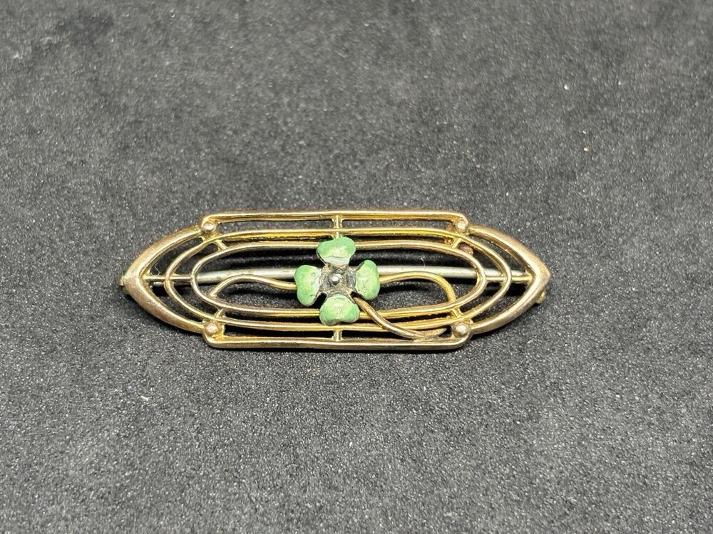 Antique Art Nouveau Gold Filled PIN Enamel 4-Leaf CLOVER Filigree Brooch 1.4”